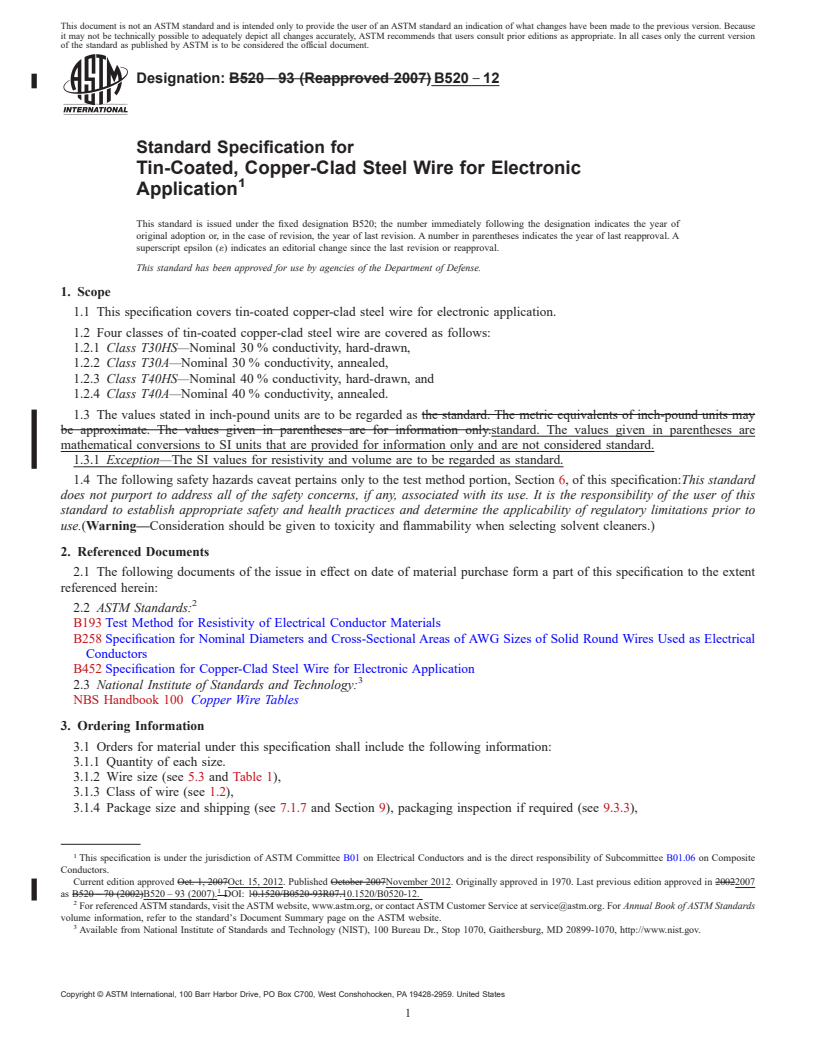 REDLINE ASTM B520-12 - Standard Specification for Tin-Coated, Copper-Clad Steel Wire for Electronic<brk/> Application
