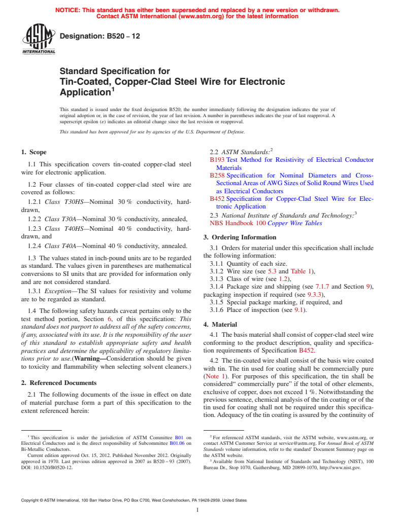 ASTM B520-12 - Standard Specification for Tin-Coated, Copper-Clad Steel Wire for Electronic<brk/> Application