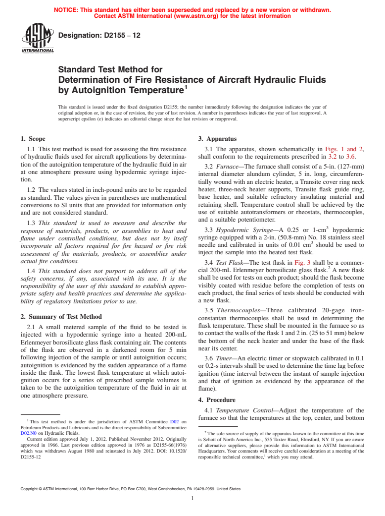 ASTM D2155-12 - Standard Test Method for Determination of Fire Resistance of Aircraft Hydraulic Fluids  by Autoignition Temperature