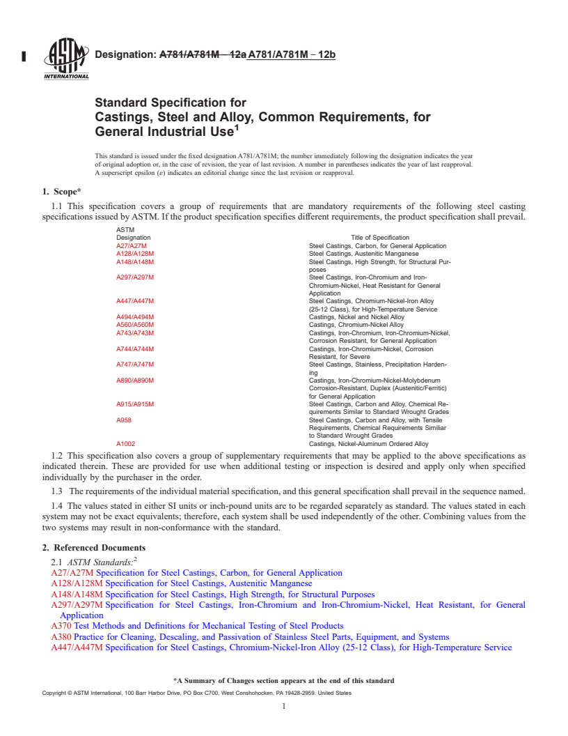 REDLINE ASTM A781/A781M-12b - Standard Specification for  Castings, Steel and Alloy, Common Requirements, for General   Industrial Use