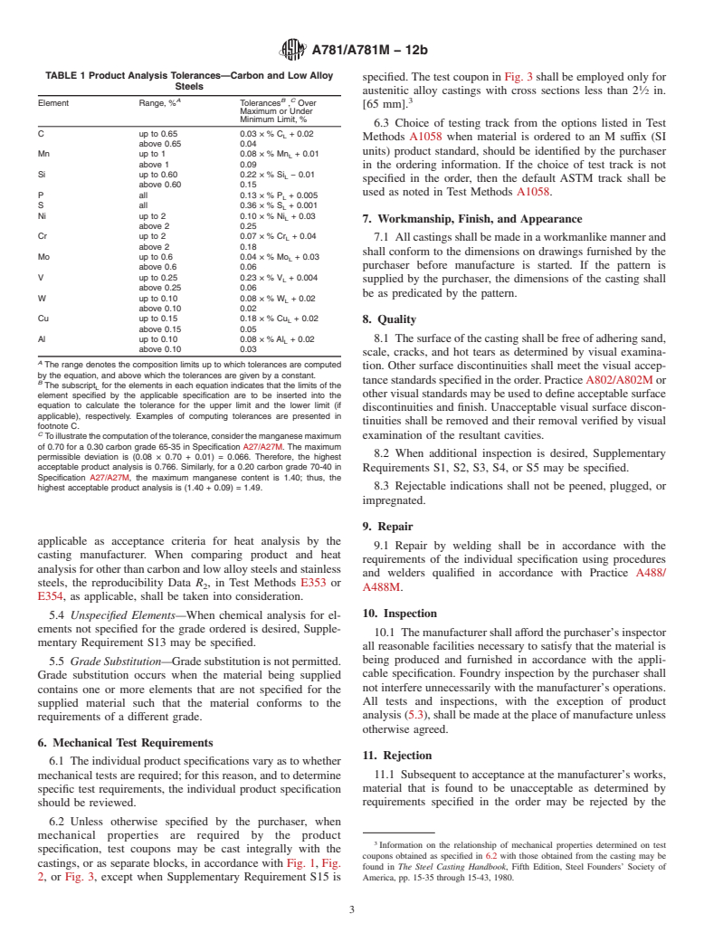 ASTM A781/A781M-12b - Standard Specification for  Castings, Steel and Alloy, Common Requirements, for General   Industrial Use