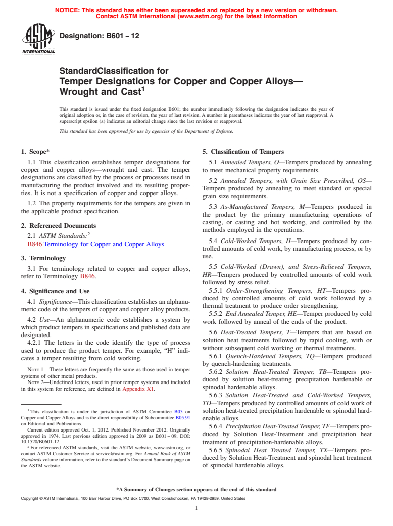 ASTM B601-12 - Standard Classification for  Temper Designations for Copper and Copper Alloys&mdash;Wrought   and Cast