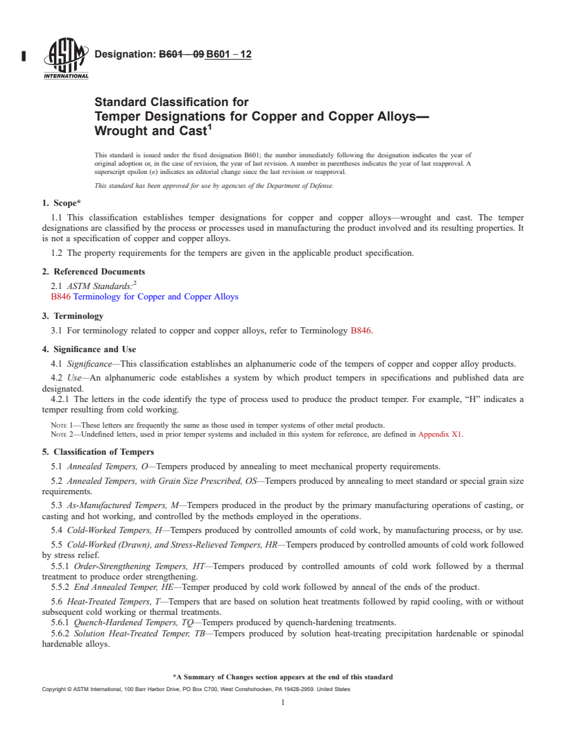REDLINE ASTM B601-12 - Standard Classification for  Temper Designations for Copper and Copper Alloys&mdash;Wrought   and Cast