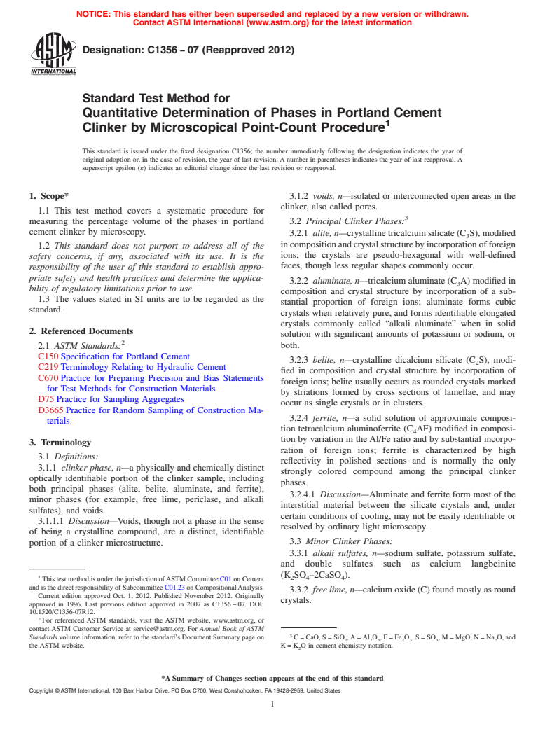 ASTM C1356-07(2012) - Standard Test Method for  Quantitative Determination of Phases in Portland Cement Clinker  by Microscopical Point-Count Procedure