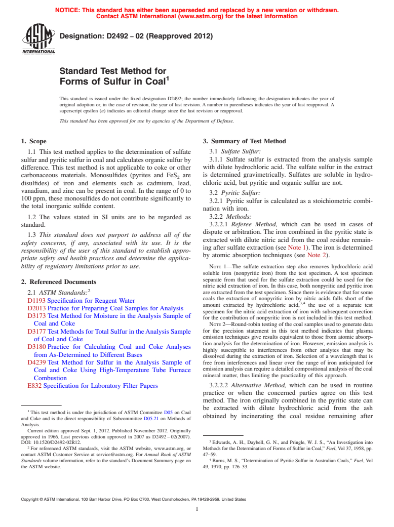 ASTM D2492-02(2012) - Standard Test Method for  Forms of Sulfur in Coal (Withdrawn 2021)