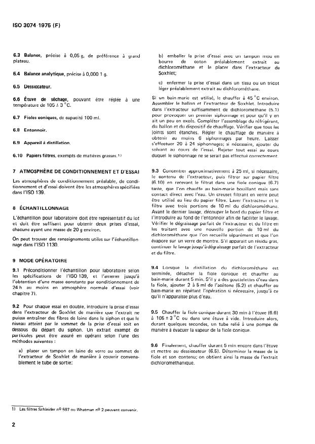 ISO 3074:1975 ISO 3074:1975 - Laine -- Détermination de l'extrait dichlorométhanique dans un ruban de peigné - Page 4 preview