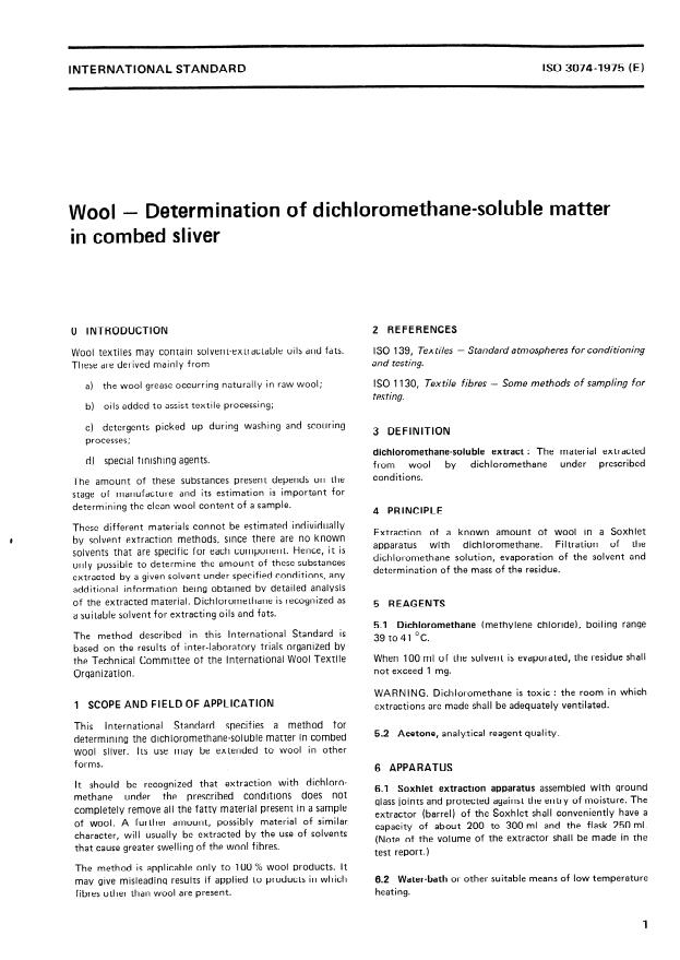 ISO 3074:1975 - Wool -- Determination of dichloromethane-soluble matter in combed sliver