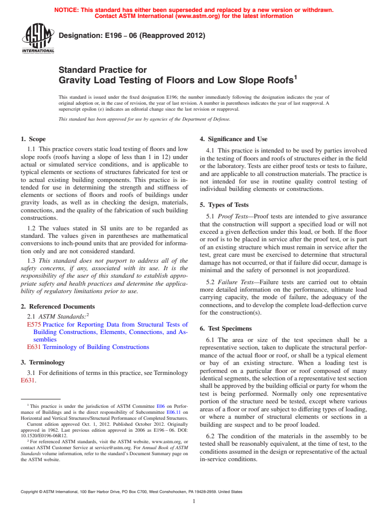 ASTM E196-06(2012) - Standard Practice for  Gravity Load Testing of Floors and Low Slope Roofs