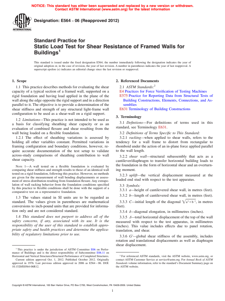 ASTM E564-06(2012) - Standard Practice for Static Load Test for Shear Resistance of Framed Walls for Buildings