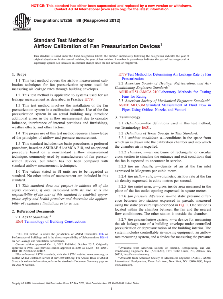 ASTM E1258-88(2012) - Standard Test Method for  Airflow Calibration of Fan Pressurization Devices