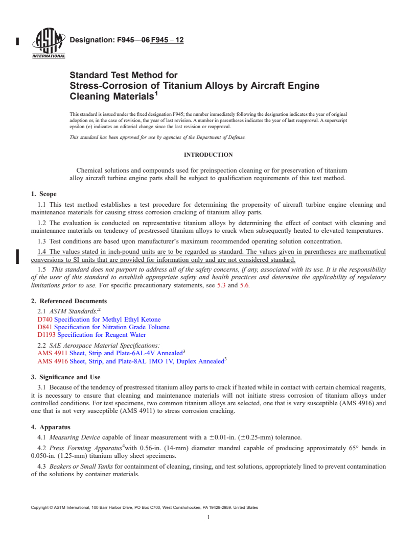 REDLINE ASTM F945-12 - Standard Test Method for  Stress-Corrosion of Titanium Alloys by Aircraft Engine Cleaning  Materials