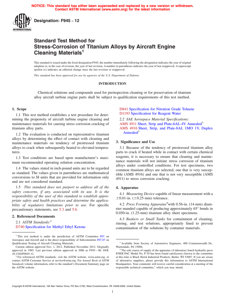 ASTM F945-12 - Standard Test Method for  Stress-Corrosion of Titanium Alloys by Aircraft Engine Cleaning  Materials