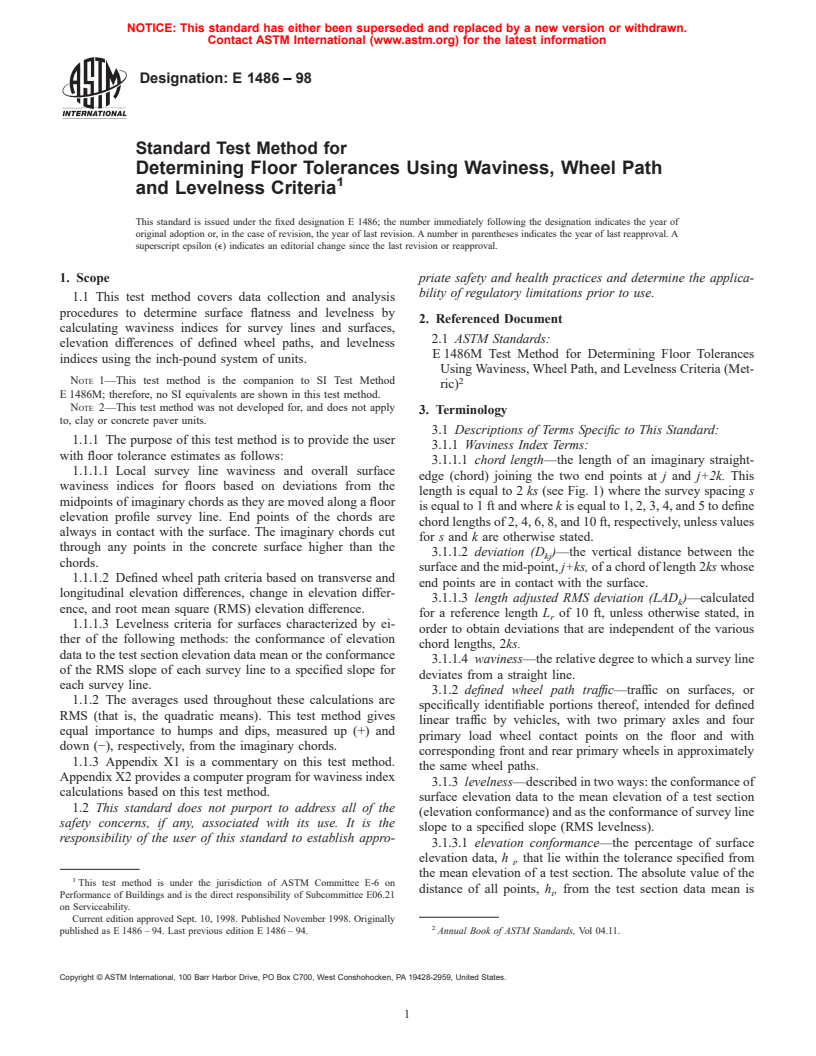 ASTM E1486-98 - Standard Test Method for Determining Floor Tolerances Using Waviness, Wheel Path and Levelness Criteria