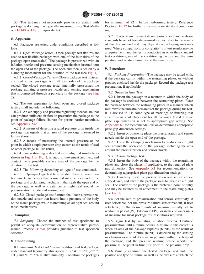 ASTM F2054-07(2012) - Standard Test Method for  Burst Testing of Flexible Package Seals Using Internal Air   Pressurization Within Restraining Plates