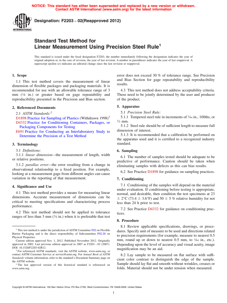 ASTM F2203-02(2012) - Standard Test Method for  Linear Measurement Using Precision Steel Rule