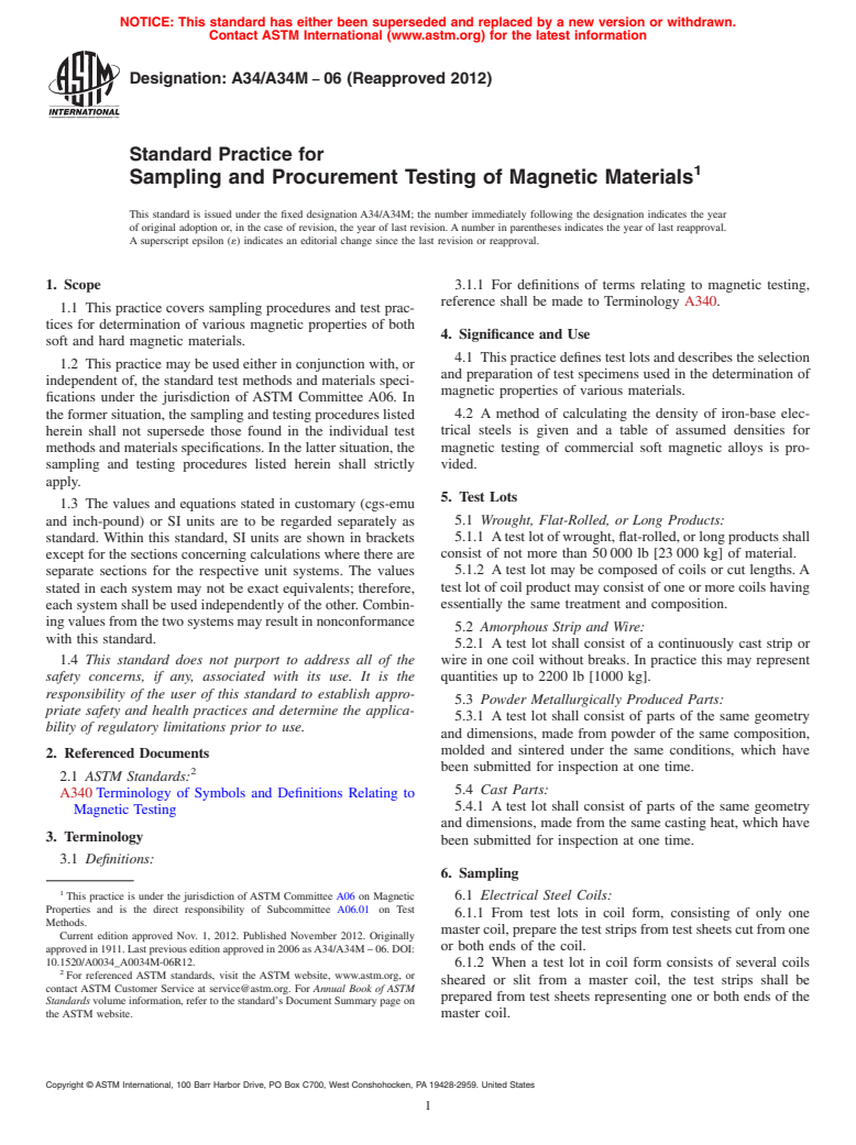 ASTM A34/A34M-06(2012) - Standard Practice for  Sampling and Procurement Testing of Magnetic Materials