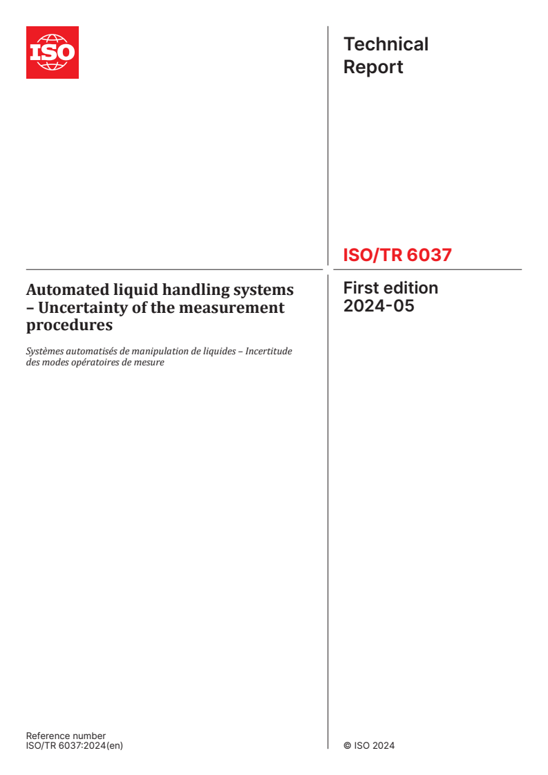 ISO/TR 6037:2024 - Automated liquid handling systems – Uncertainty of the measurement procedures
Released:14. 05. 2024