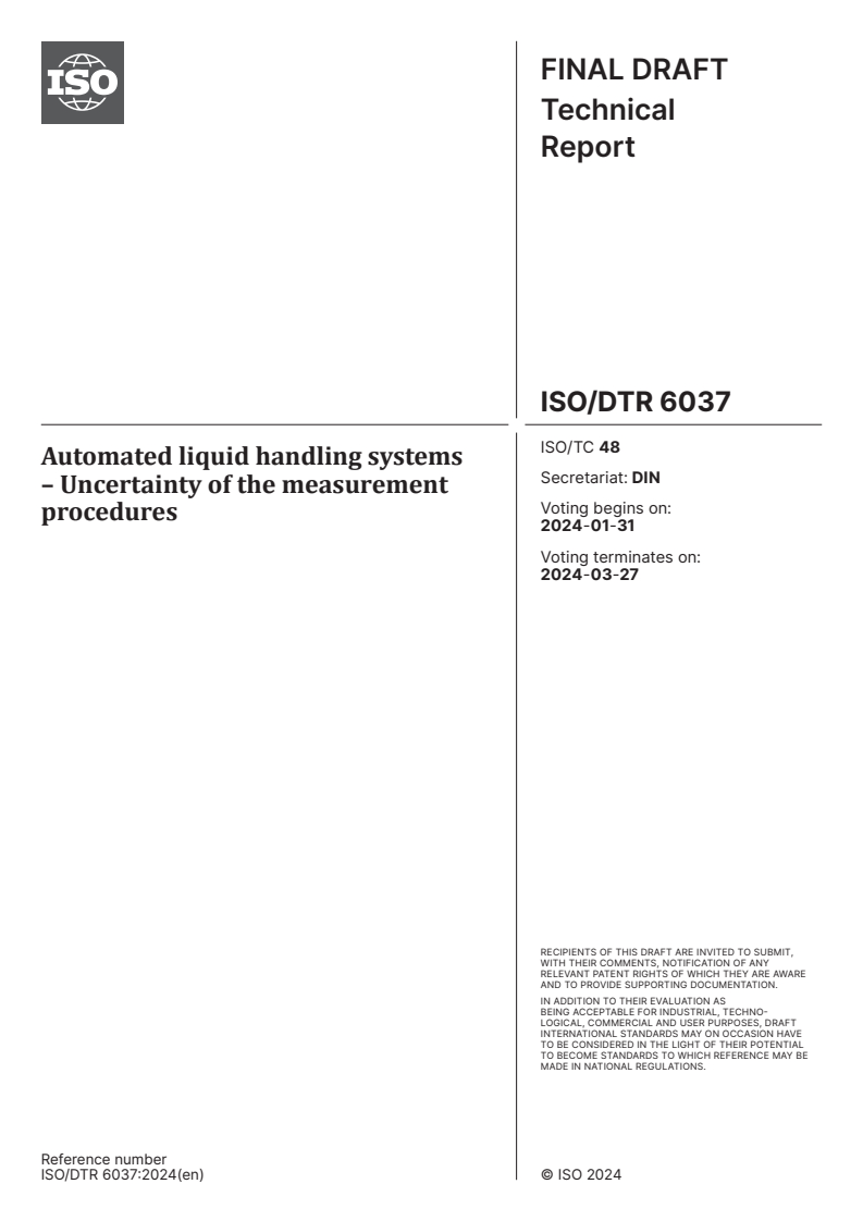 ISO/DTR 6037 - Automated liquid handling systems – Uncertainty of the measurement procedures
Released:17. 01. 2024