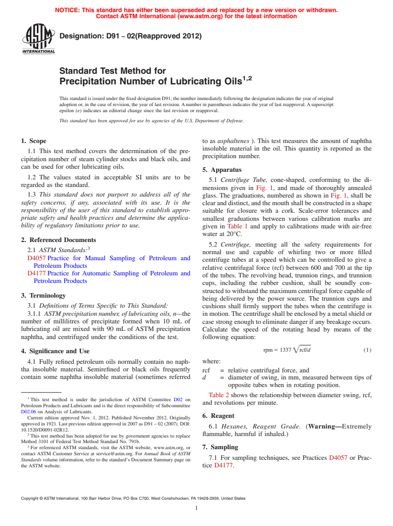 ASTM D91-02(2012) - Standard Test Method for  Precipitation Number of Lubricating Oils