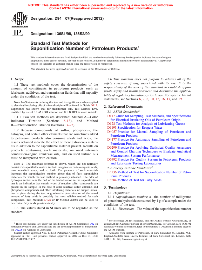 ASTM D94-07(2012) - Standard Test Methods for  Saponification Number of Petroleum Products