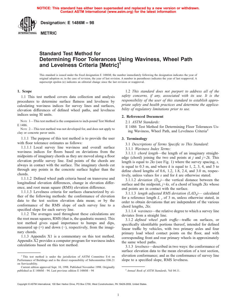 ASTM E1486M-98 - Standard Test Method for Determining Floor Tolerances Using Waviness, Wheel Path and Levelness Criteria [Metric]