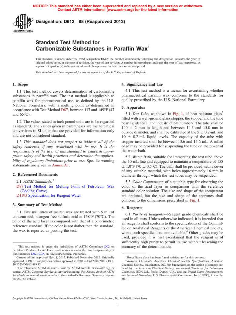 ASTM D612-88(2012) - Standard Test Method for  Carbonizable Substances in Paraffin Wax