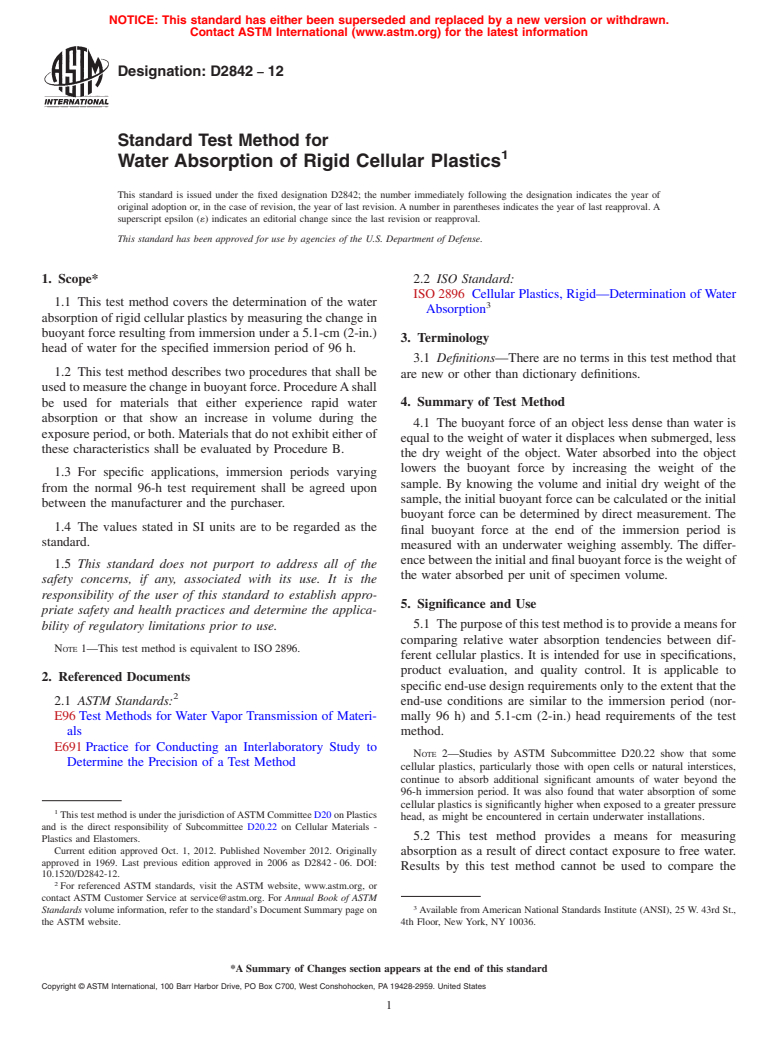 ASTM D2842-12 - Standard Test Method for  Water Absorption of Rigid Cellular Plastics