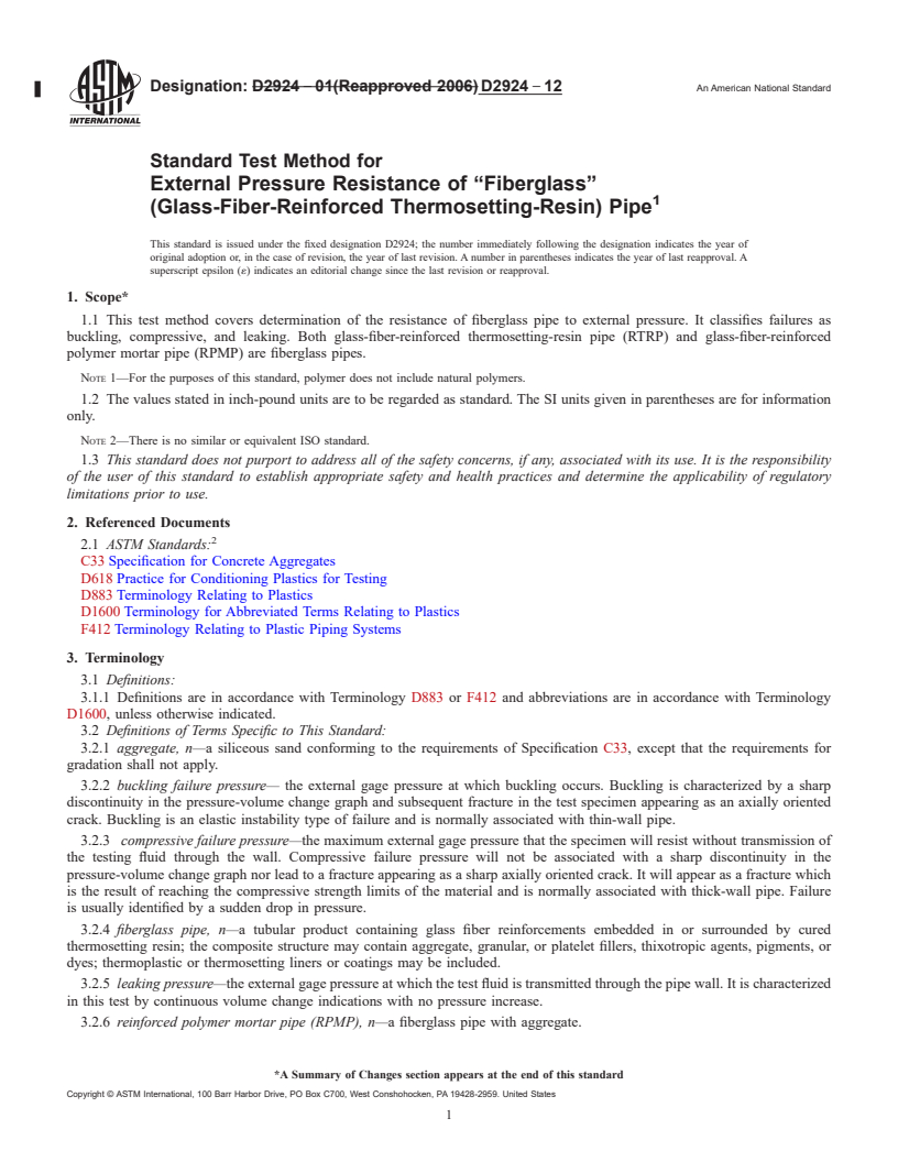 REDLINE ASTM D2924-12 - Standard Test Method for  External Pressure Resistance of &ldquo;Fiberglass&rdquo;<brk  /> (Glass-Fiber-Reinforced Thermosetting-Resin) Pipe