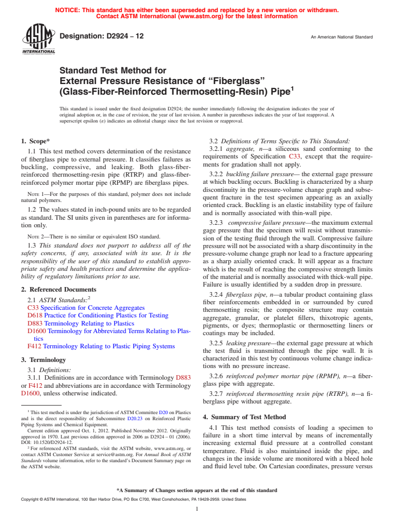 ASTM D2924-12 - Standard Test Method for  External Pressure Resistance of &ldquo;Fiberglass&rdquo;<brk  /> (Glass-Fiber-Reinforced Thermosetting-Resin) Pipe