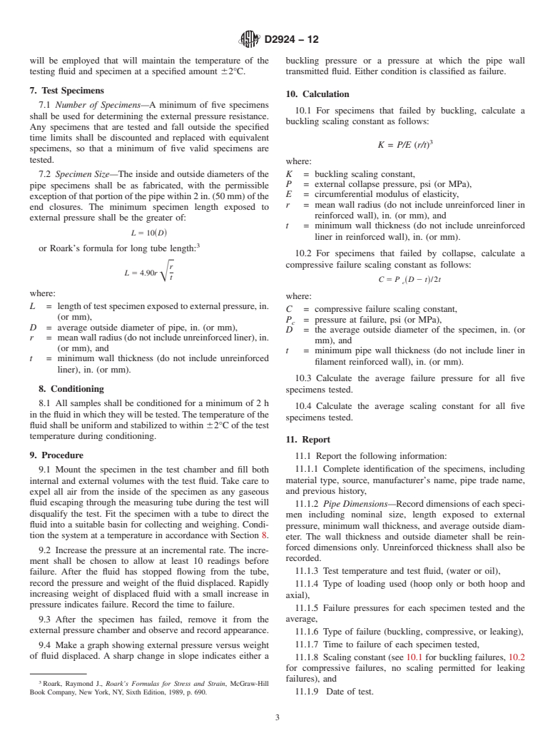 ASTM D2924-12 - Standard Test Method for  External Pressure Resistance of &ldquo;Fiberglass&rdquo;<brk  /> (Glass-Fiber-Reinforced Thermosetting-Resin) Pipe