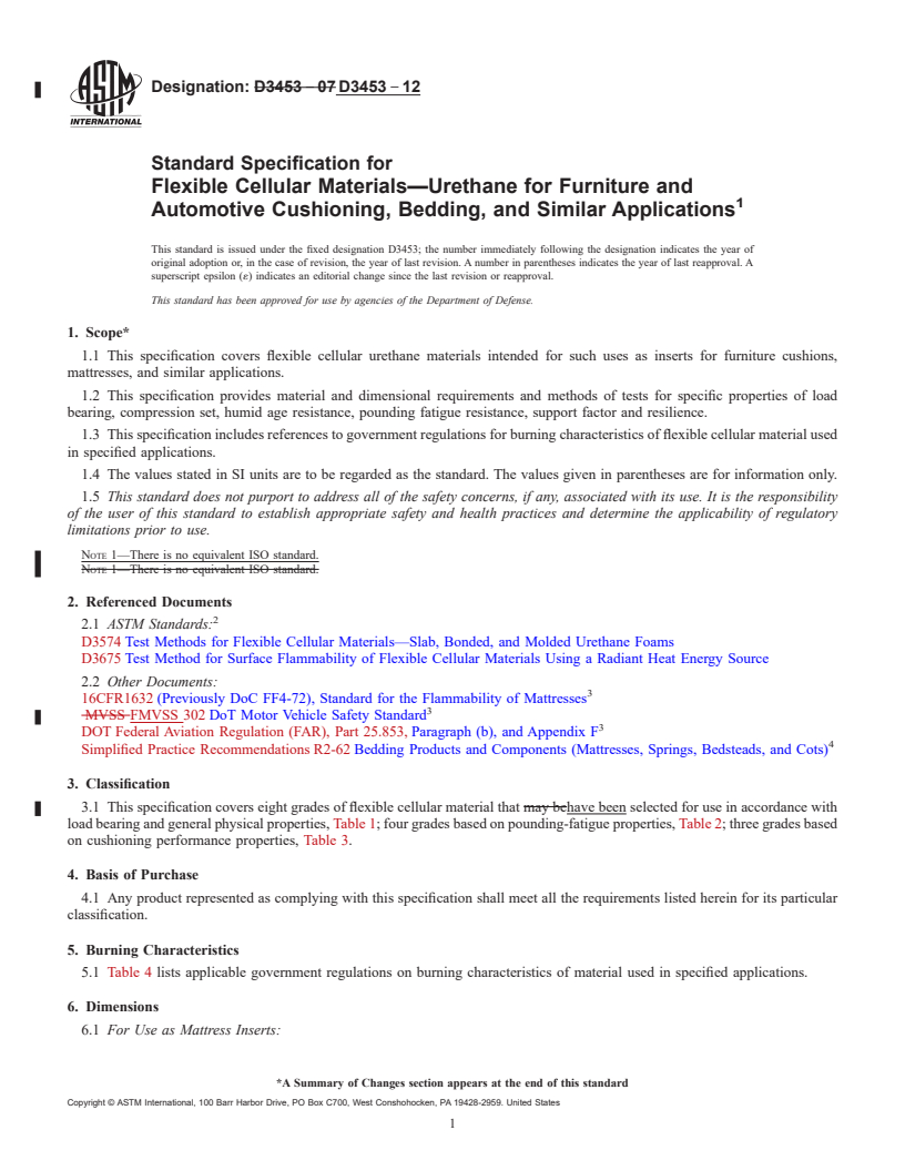 REDLINE ASTM D3453-12 - Standard Specification for  Flexible Cellular Materials&mdash;Urethane for Furniture and  Automotive Cushioning, Bedding, and Similar Applications