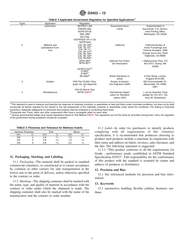 ASTM D3453-12 - Standard Specification for  Flexible Cellular Materials&mdash;Urethane for Furniture and  Automotive Cushioning, Bedding, and Similar Applications