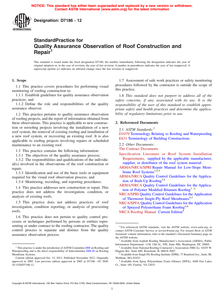 ASTM D7186-12 - Standard Practice for  Quality Assurance Observation of Roof Construction and Repair