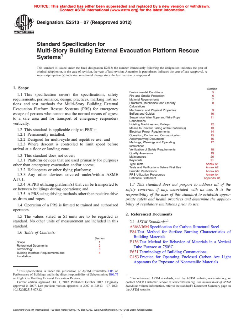 ASTM E2513-07(2012) - Standard Specification for  Multi-Story Building External Evacuation Platform Rescue Systems