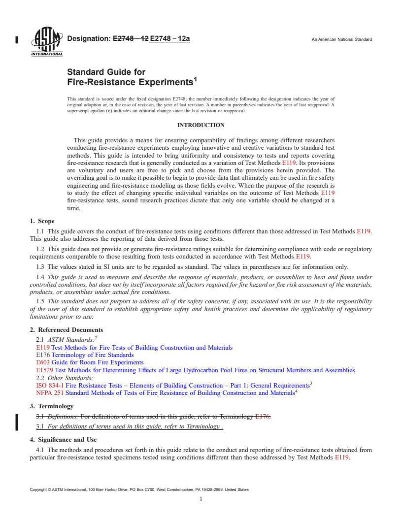 REDLINE ASTM E2748-12a - Standard Guide for  Fire-Resistance Experiments