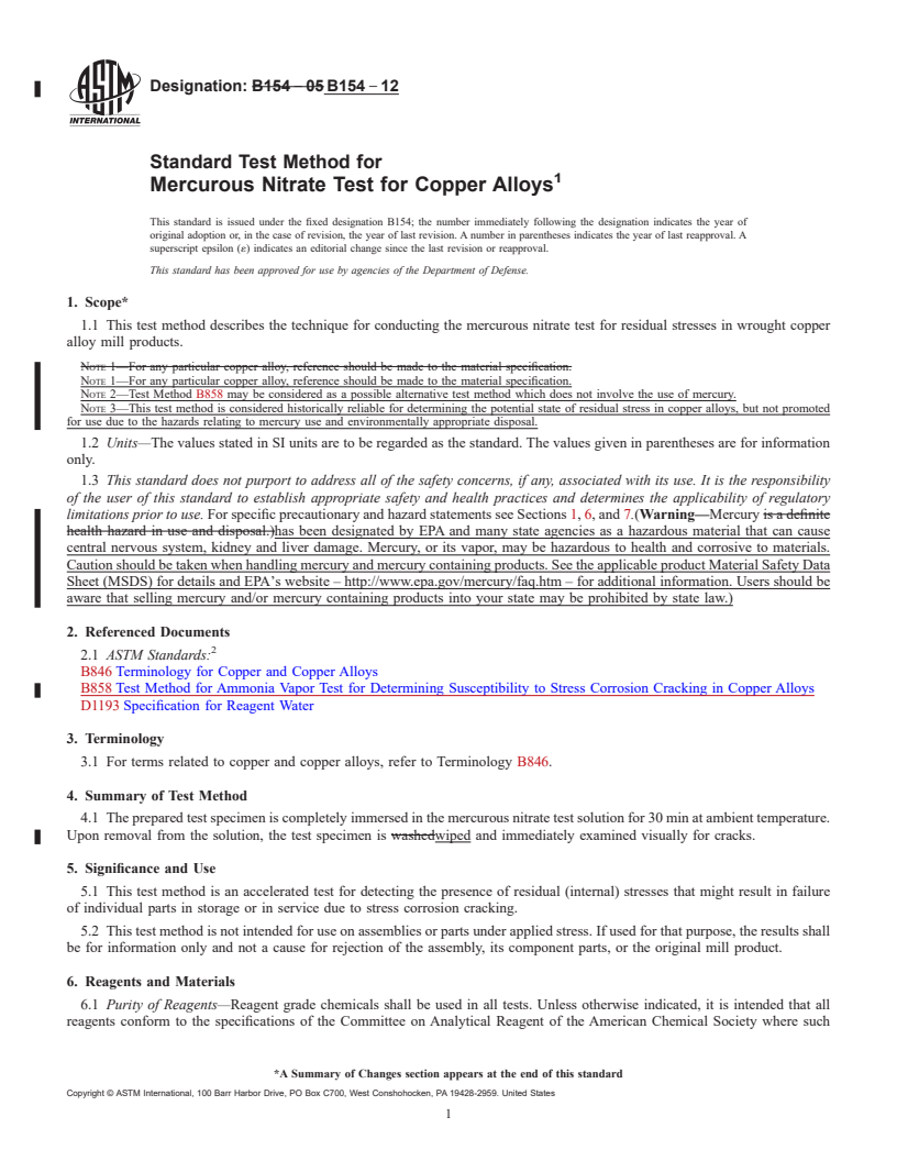 REDLINE ASTM B154-12 - Standard Test Method for  Mercurous Nitrate Test for Copper Alloys