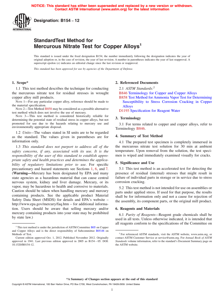 ASTM B154-12 - Standard Test Method for  Mercurous Nitrate Test for Copper Alloys