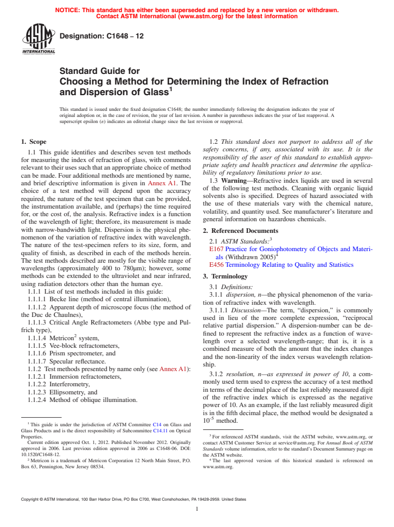 ASTM C1648-12 - Standard Guide for  Choosing a Method for Determining the Index of Refraction and   Dispersion of Glass