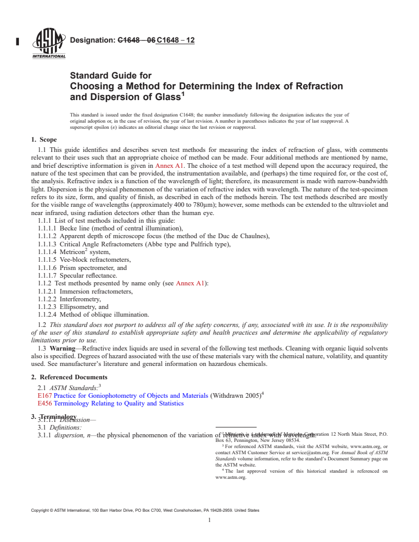REDLINE ASTM C1648-12 - Standard Guide for  Choosing a Method for Determining the Index of Refraction and   Dispersion of Glass
