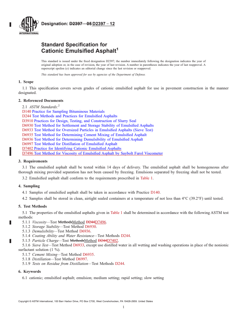 REDLINE ASTM D2397-12 - Standard Specification for  Cationic Emulsified Asphalt