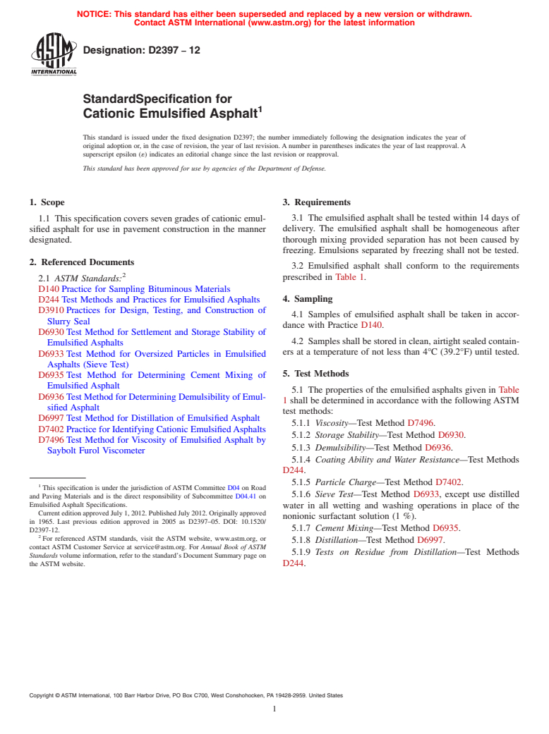 ASTM D2397-12 - Standard Specification for  Cationic Emulsified Asphalt