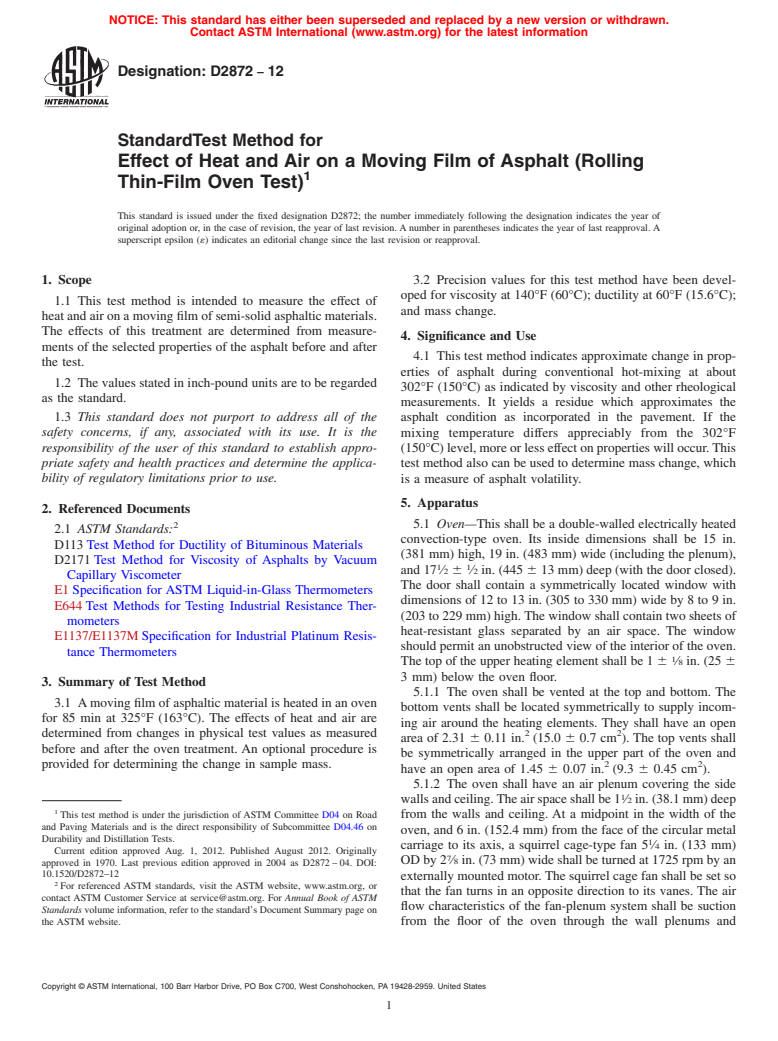 ASTM D2872-12 - Standard Test Method for  Effect of Heat and Air on a Moving Film of Asphalt (Rolling  Thin-Film Oven Test)