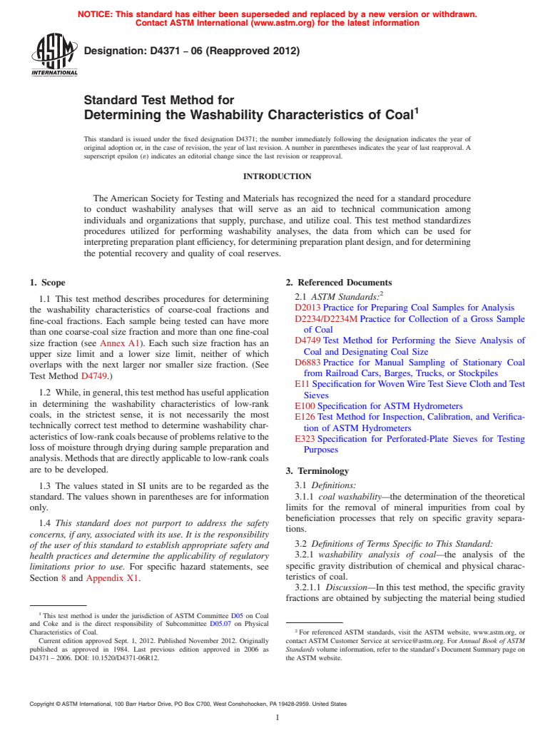 ASTM D4371-06(2012) - Standard Test Method for  Determining the Washability Characteristics of Coal