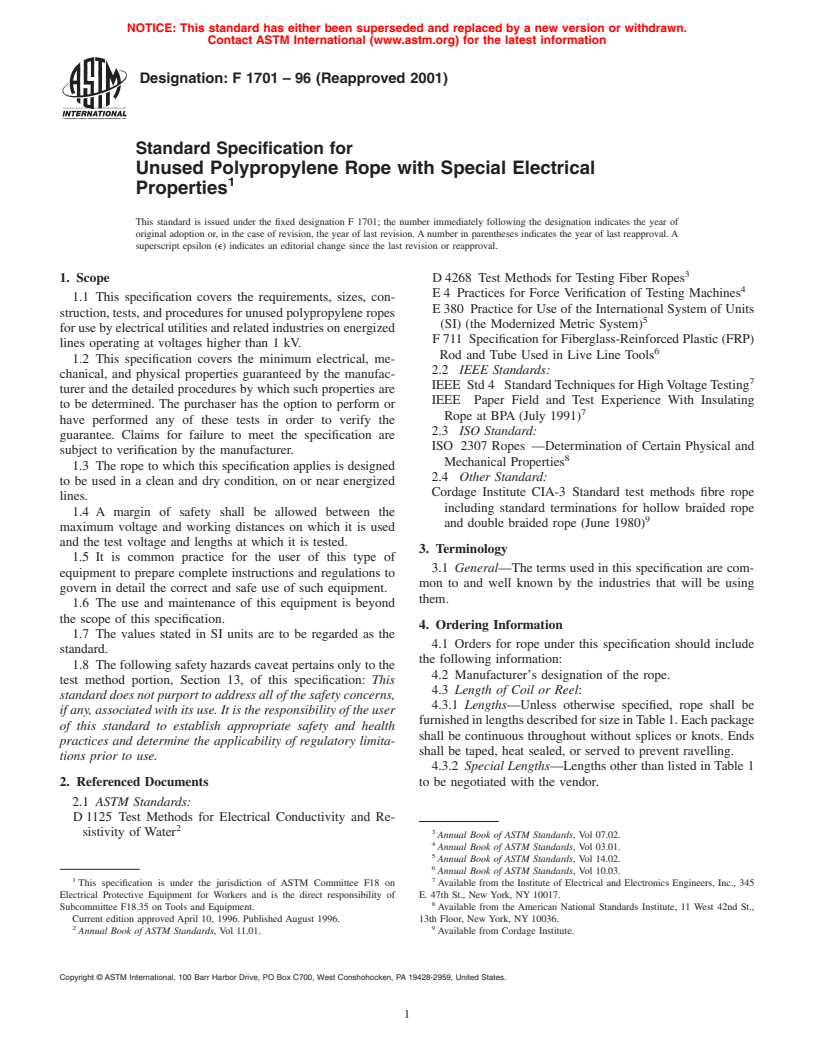 ASTM F1701-96(2001) - Standard Specification for Unused Polypropylene Rope with Special Electrical Properties