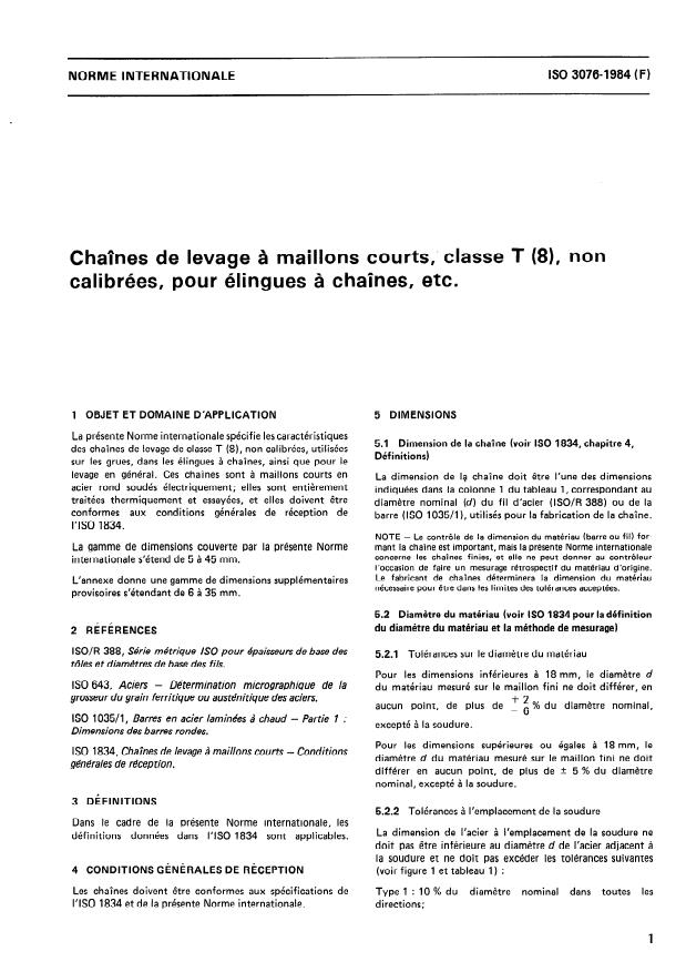 ISO 3076:1984 - Chaînes de levage a maillons courts, classe T (8), non calibrées, pour élingues a chaînes, etc.