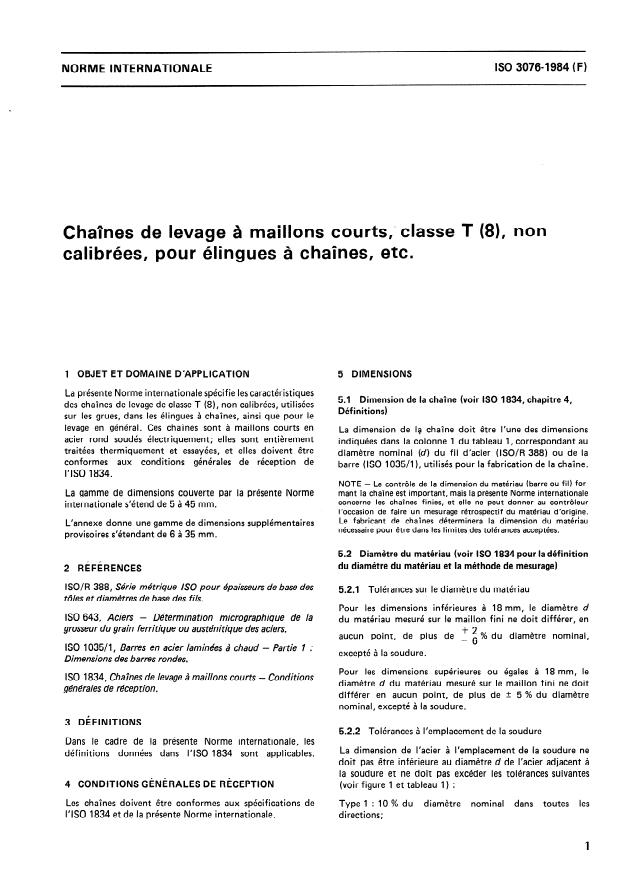 ISO 3076:1984 - Chaînes de levage a maillons courts, classe T (8), non calibrées, pour élingues a chaînes, etc.