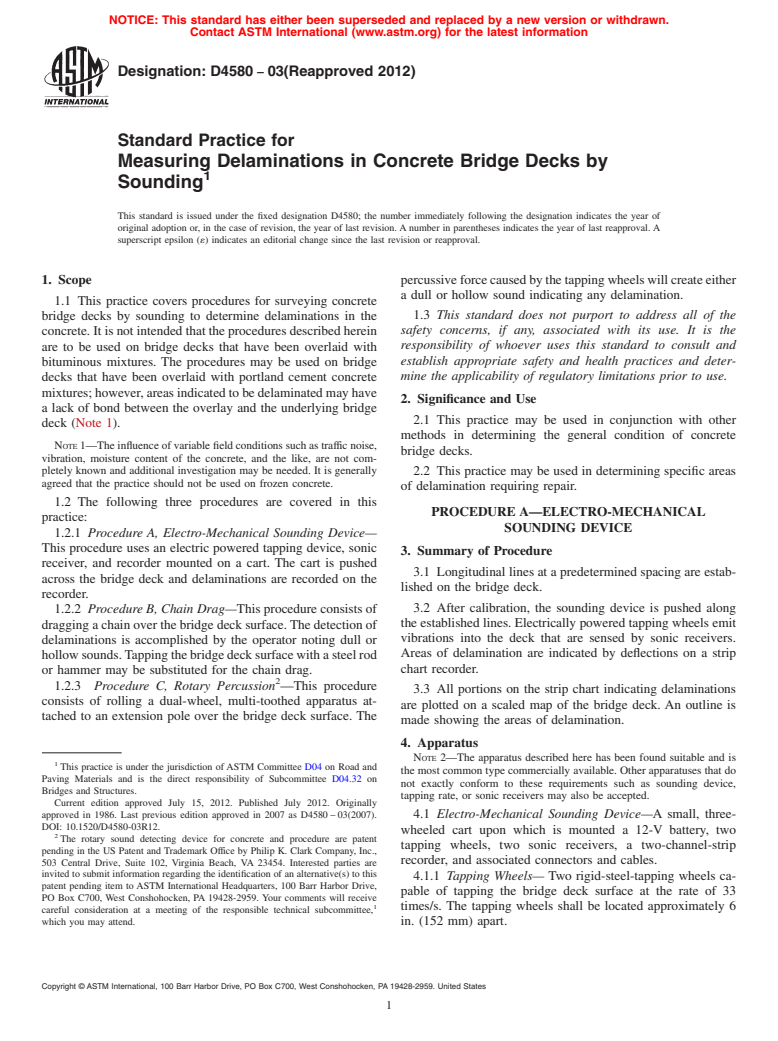 ASTM D4580-03(2012) - Standard Practice for  Measuring Delaminations in Concrete Bridge Decks by Sounding