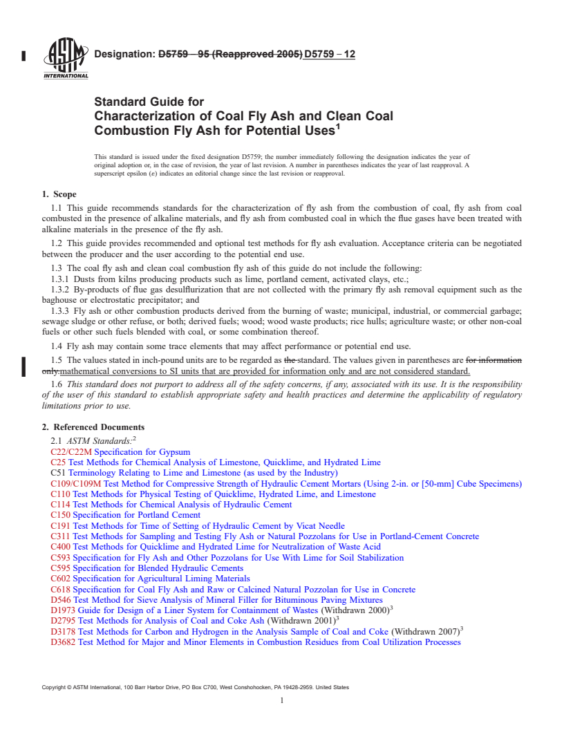 REDLINE ASTM D5759-12 - Standard Guide for  Characterization of Coal Fly Ash and Clean Coal Combustion  Fly Ash for Potential Uses