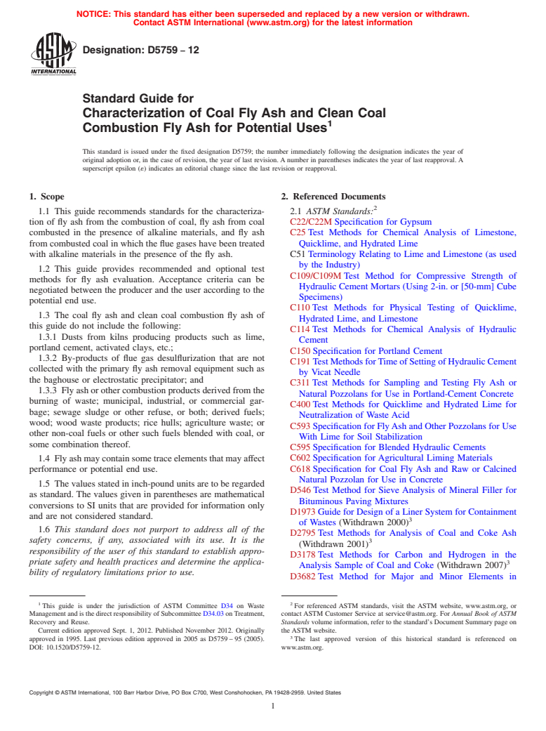 ASTM D5759-12 - Standard Guide for  Characterization of Coal Fly Ash and Clean Coal Combustion  Fly Ash for Potential Uses