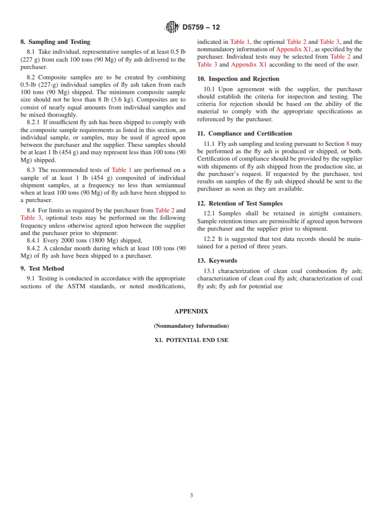 ASTM D5759-12 - Standard Guide for  Characterization of Coal Fly Ash and Clean Coal Combustion  Fly Ash for Potential Uses